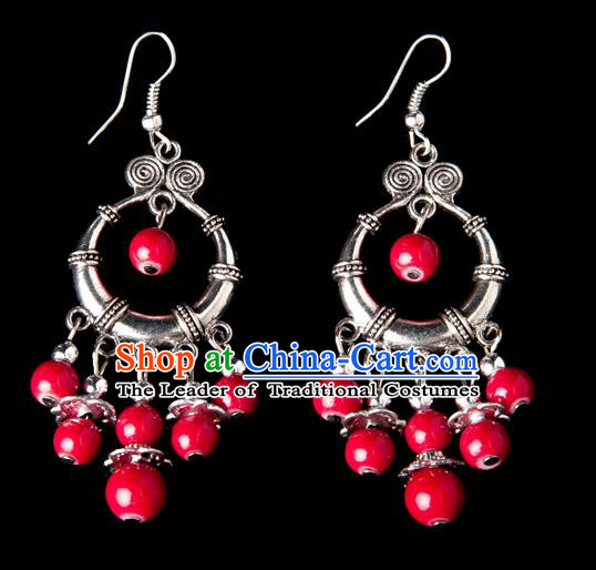 Traditional Chinese Miao Nationality Crafts, Yunnan Hmong Handmade Red Beads Tassel Earrings Pendant, China Ethnic Minority Eardrop Accessories Earbob Pendant for Women