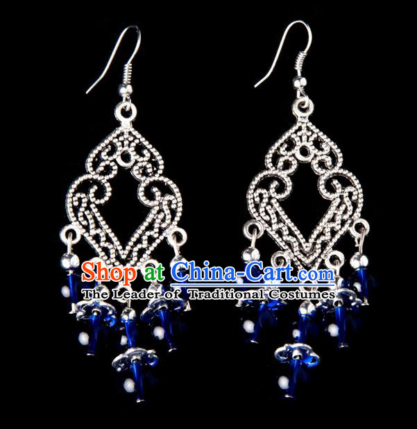 Traditional Chinese Miao Nationality Crafts, Yunnan Hmong Handmade Royalblue Beads Long Tassel Earrings Pendant, China Ethnic Minority Eardrop Accessories Earbob Pendant for Women