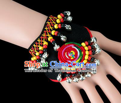 Traditional Chinese Miao Nationality Crafts, Yunan Hmong Handmade Black Fabrics Bracelet Cuff Bells Hand Decorative, China Miao Ethnic Minority Bangle Accessories for Women