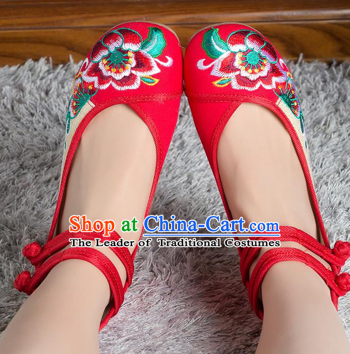 Traditional Chinese Shoes, China Handmade Linen Embroidered Peony Red Shoes, Ancient Princess Cloth Shoes for Women
