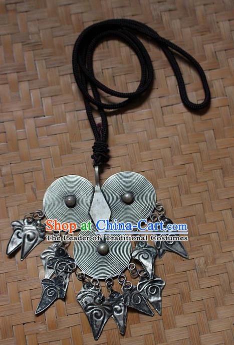 Traditional Chinese Miao Nationality Crafts Jewelry Accessory, Hmong Handmade Miao Silver Owl Tassel Pendant, Miao Ethnic Minority Necklace Accessories Sweater Chain Pendant for Women