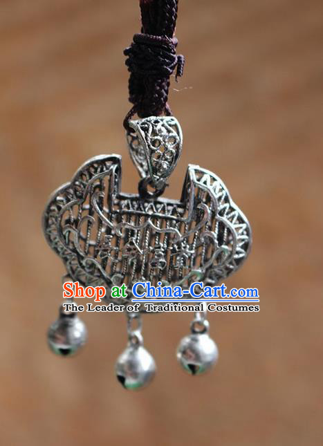 Traditional Chinese Miao Nationality Crafts Jewelry Accessory, Hmong Handmade Miao Silver Longevity Lock Bells Pendant, Miao Ethnic Minority Necklace Accessories Sweater Chain Pendant for Women