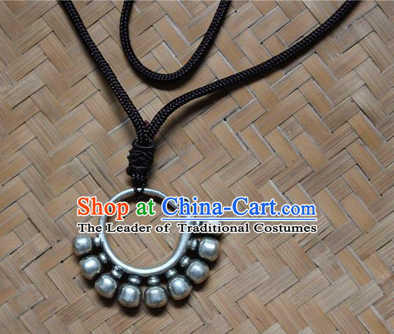 Traditional Chinese Miao Nationality Crafts Jewelry Accessory, Hmong Handmade Miao Silver Pendant, Miao Ethnic Minority Necklace Accessories Sweater Chain Pendant for Women