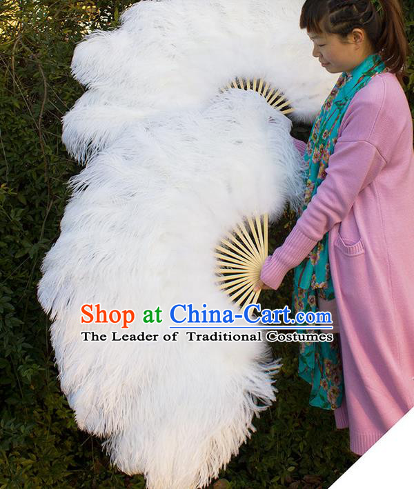 Traditional Handmade Chinese Classical Feather Fans, China Folk Dance Fan dance Stage Performance Large Size White Fan for Women