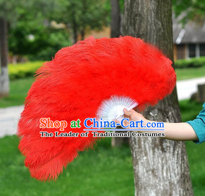 Traditional Handmade Chinese Classical Ostrich Feather Fans, China Folk Dance Fan Dance Stage Performance Large Size Red Fan for Women