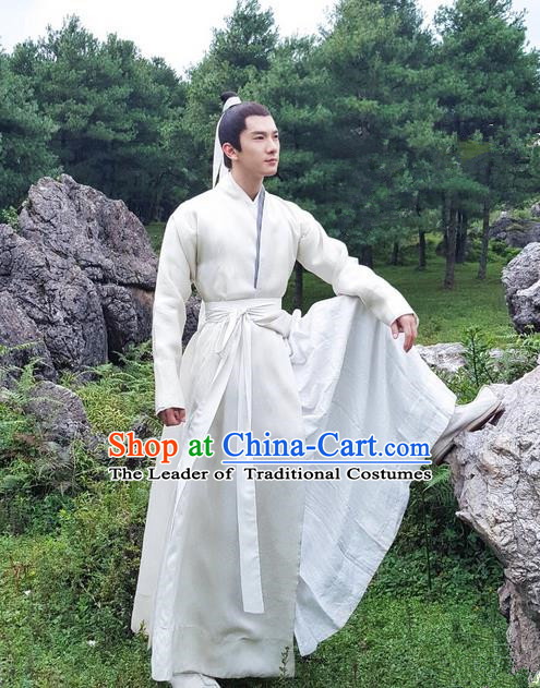 Traditional Ancient Chinese Nobility Childe Costume, Elegant Hanfu Male Lordling Dress, Cosplay Han Dynasty Scholar Clothing, China Swordsman White Clothing for Men