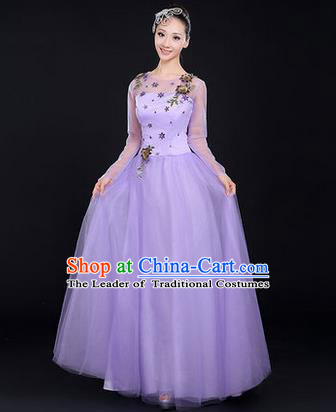 Traditional Chinese Modern Dancing Costume, Women Opening Classic Chorus Singing Group Dance Costume, Modern Dance Purple Bubble Dress for Women