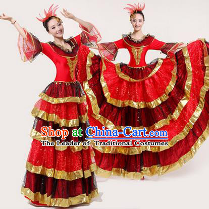 Traditional Chinese Modern Dancing Costume, Women Opening Classic Chorus Singing Group Dance Paillette Costume, Modern Dance Big Swing Red Dress for Women