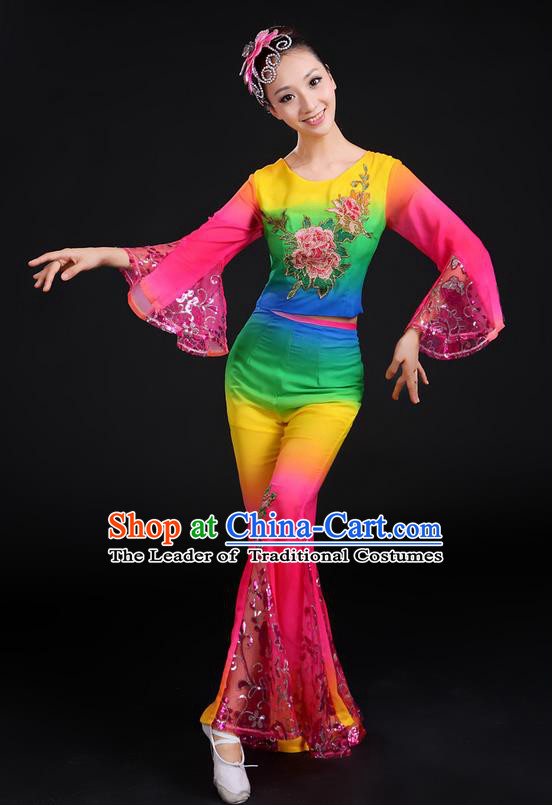 Traditional Chinese Yangge Fan Dancing Costume, Folk Dance Yangko Gradient Paillette Peony Uniforms, Classic Dance Dress Drum Dance Clothing for Women