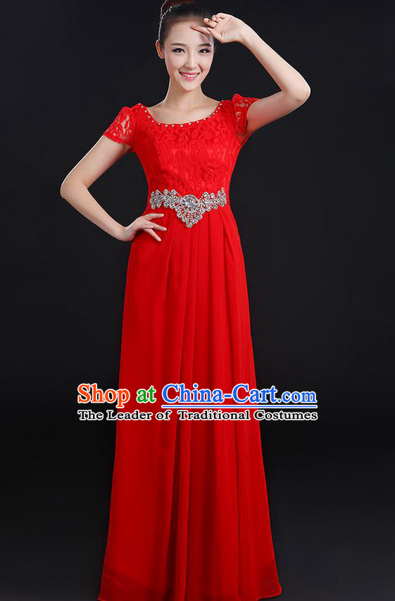 Traditional Modern Dancing Compere Costume, Women Opening Classic Chorus Singing Group Dance Uniforms, Modern Dance Lace Long Red Dress for Women
