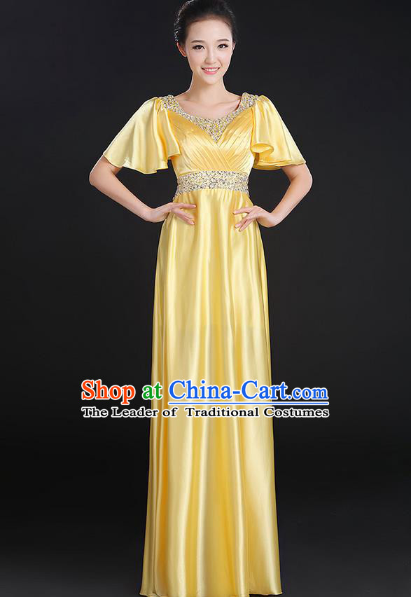 Traditional Chinese Modern Dancing Compere Costume, Women Opening Classic Chorus Singing Group Dance Uniforms, Modern Dance Crystal Long Yellow Dress for Women