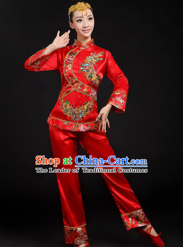 Traditional Chinese Yangge Fan Dancing Costume, Folk Dance Yangko Uniforms, Classic Umbrella Dance Elegant Dress Drum Dance Red Paillette Phoenix Clothing for Women