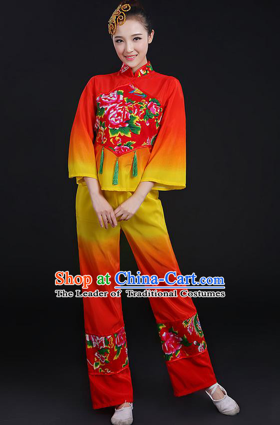 Traditional Chinese Yangge Fan Dancing Costume, Folk Dance Yangko Uniforms, Classic Dance Elegant Dress Drum Dance Peony Red Clothing for Women