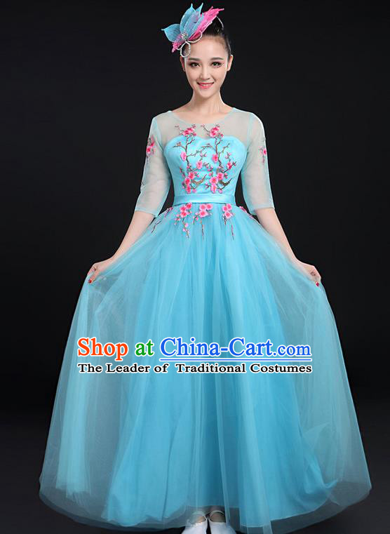 Traditional Chinese Modern Dancing Compere Costume, Women Opening Classic Chorus Singing Group Dance Bubble Uniforms, Modern Dance Embroidered Plum Blossom Long Blue Dress for Women