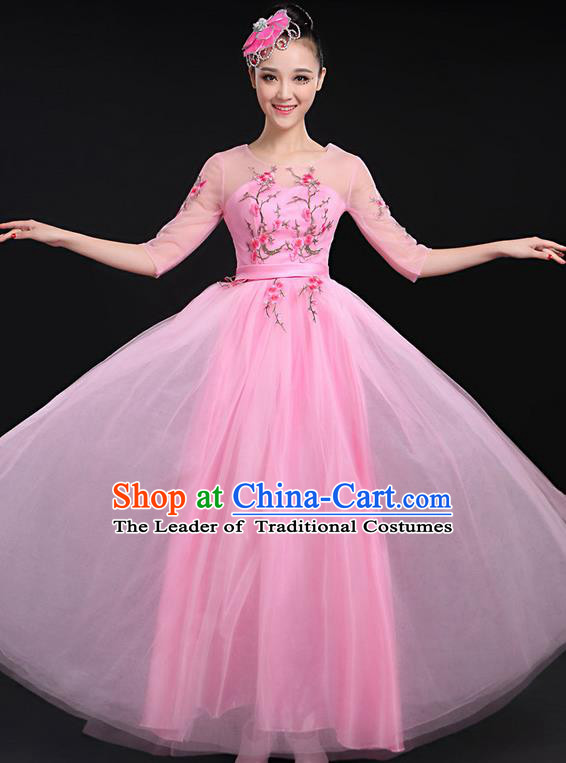 Traditional Chinese Modern Dancing Compere Costume, Women Opening Classic Chorus Singing Group Dance Bubble Uniforms, Modern Dance Embroidered Plum Blossom Long Pink Dress for Women