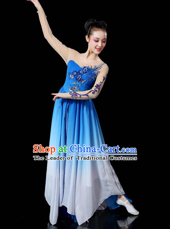 Traditional Chinese Yangge Fan Dancing Costume, Folk Dance Yangko Uniforms, Classic Umbrella Dance Elegant Dress Drum Dance Sequins Phoenix Blue Clothing for Women