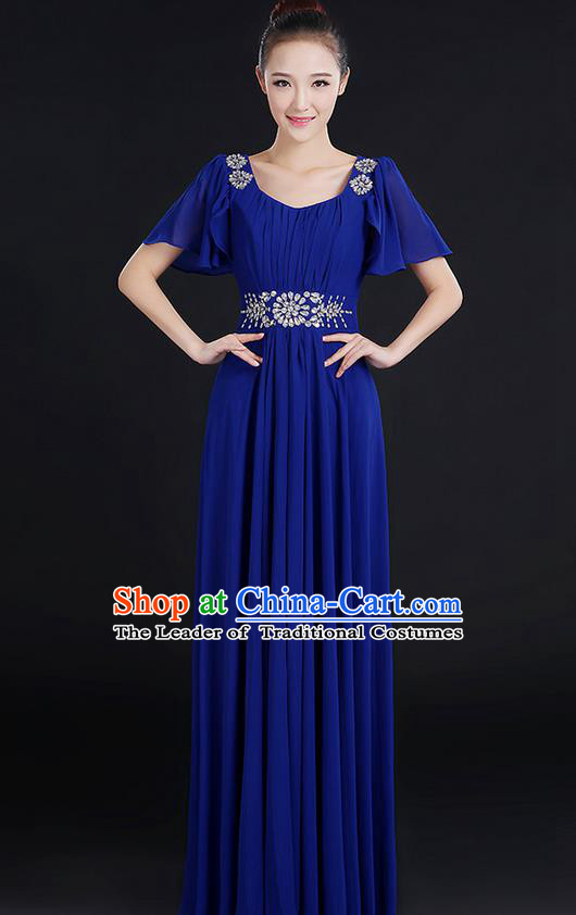 Traditional Chinese Modern Dancing Compere Costume, Women Opening Classic Chorus Singing Group Dance Uniforms, Modern Dance Classic Dance Big Swing Crystal Royalblue Dress for Women