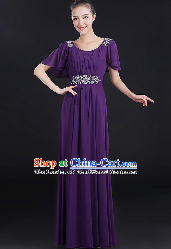 Traditional Chinese Modern Dancing Compere Costume, Women Opening Classic Chorus Singing Group Dance Uniforms, Modern Dance Classic Dance Big Swing Crystal Purple Dress for Women