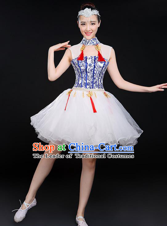 Traditional Chinese Modern Dancing Compere Costume, Women Opening Classic Chorus Singing Group Dance Uniforms, Modern Dance Classic Dance Bubble Cheongsam Short Dress for Women
