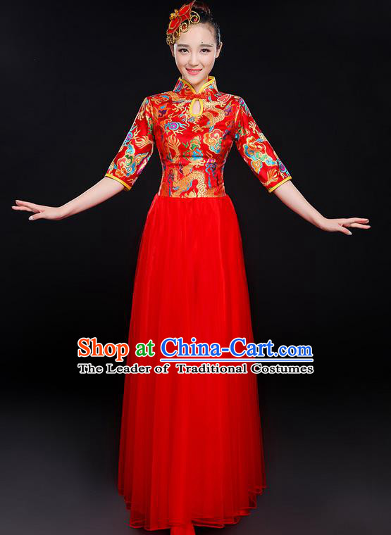 Traditional Chinese Modern Dancing Compere Costume, Women Opening Classic Chorus Singing Group Dance Bubble Uniforms, Modern Dance Classic Dance Big Swing Red Cheongsam Dress for Women