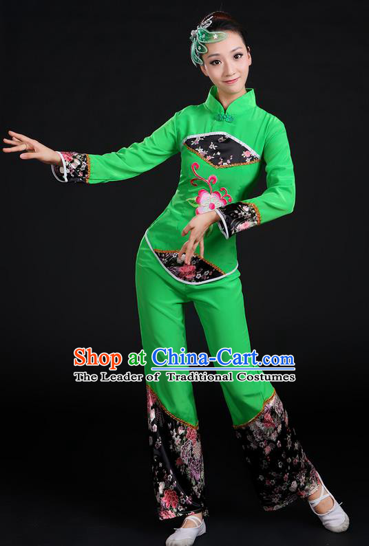 Traditional Chinese Yangge Fan Dancing Costume, Folk Dance Yangko Uniforms, Classic Umbrella Dance Elegant Dress Drum Dance Green Clothing for Women