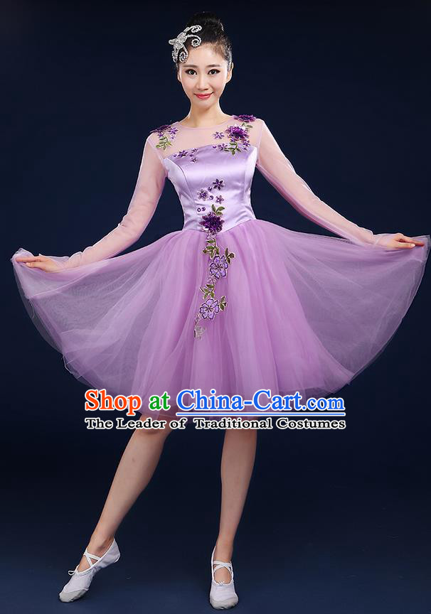 Traditional Chinese Modern Dancing Compere Costume, Women Opening Classic Chorus Singing Group Dance Bubble Uniforms, Modern Dance Classic Dance Big Swing Purple Short Dress for Women