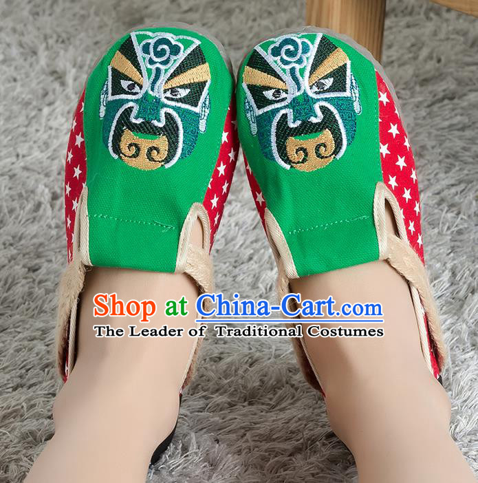 Traditional Chinese Shoes, China Handmade Linen Embroidered Beijing Opera Facial Masks Green Shoes, Ancient Princess Cloth Shoes for Women