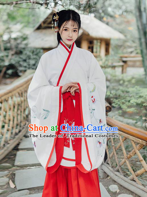 Traditional Ancient Chinese Young Lady Costume Embroidered Song Fringing and Belt, Elegant Hanfu Curving-Front Unlined Garment Dress Chinese Han Dynasty Imperial Princess Dress Clothing for Women
