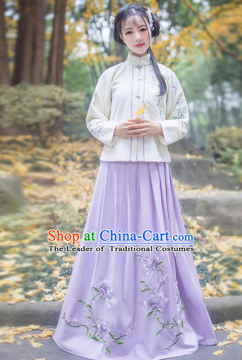 Traditional Ancient Chinese Young Lady Elegant Costume Embroidered Front Opening Blouse and Purple Slip Skirt Complete Set, Elegant Hanfu Clothing Chinese Ming Dynasty Imperial Princess Clothing for Women