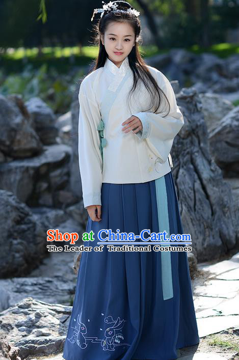 Traditional Ancient Chinese Young Lady Elegant Costume Embroidered Slant Opening Blouse and Deep Blue Slip Skirt Complete Set, Elegant Hanfu Clothing Chinese Ming Dynasty Imperial Princess Clothing for Women