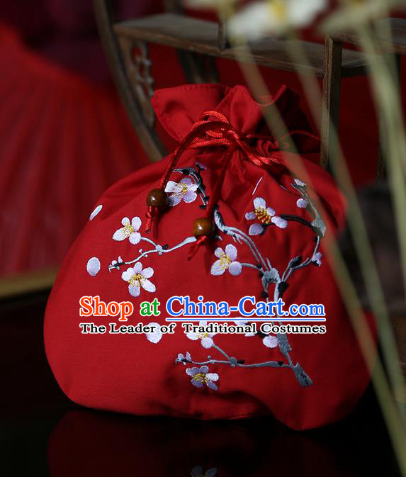 Traditional Ancient Chinese Young Lady Elegant Embroidered Wintersweet Red Handbags Cloth Bags for Women