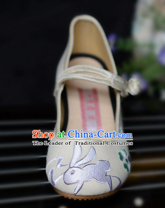 Traditional Chinese Ancient Shoes, China Handmade Embroidered Rabbit Beige Shoes, Ancient Princess Shoes for Women