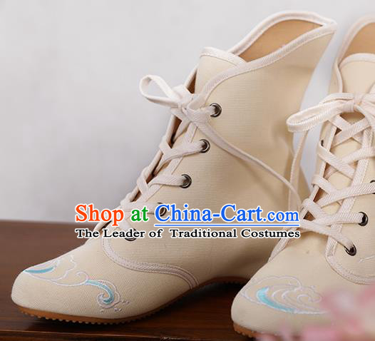 Traditional Chinese Ancient Shoes, China Handmade Embroidered Beige Shoes, Princess Boots for Women