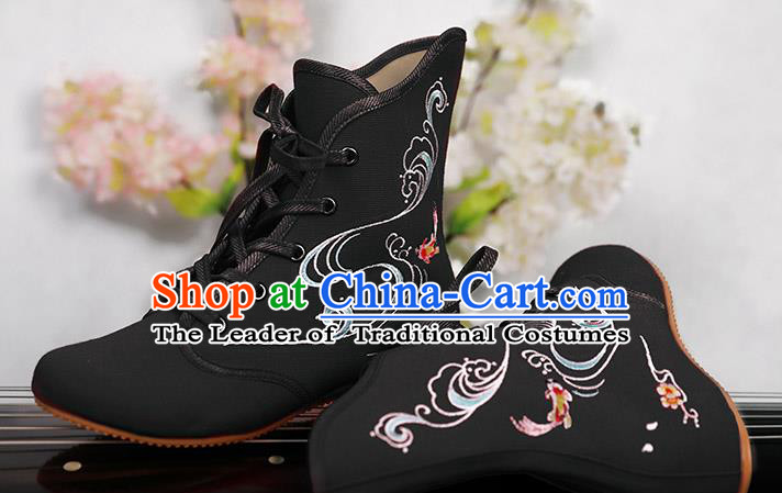 Traditional Chinese Ancient Shoes, China Handmade Embroidered Black Shoes, Princess Boots for Women