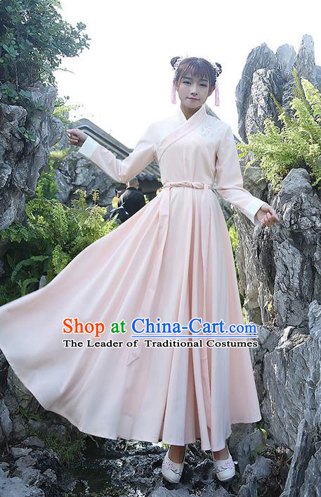 Traditional Ancient Chinese Costume, Elegant Hanfu Clothing Embroidered Slant Opening Pink Dress, China Han Dynasty Princess Elegant Clothing for Women