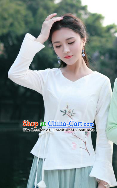 Traditional Chinese National Costume, Elegant Hanfu Embroidery Flowers Slant Opening White Mandarin Sleeve Shirt, China Tang Suit Plated Buttons Chirpaur Blouse Cheong-sam Upper Outer Garment Qipao Shirts Clothing for Women