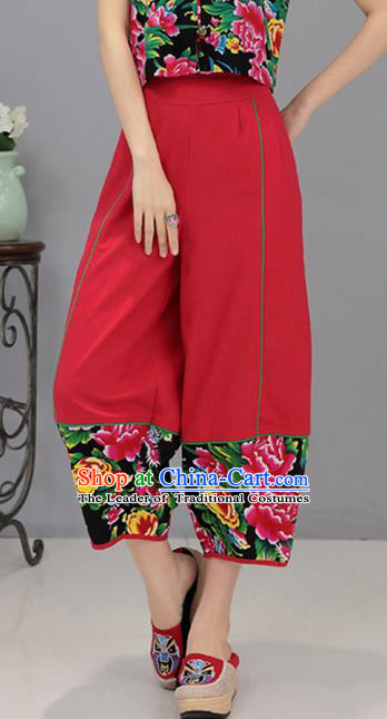 Traditional Chinese National Costume Northeast Cloth Plus Fours, Elegant Hanfu Printing Peony Red Bloomers, China Ethnic Minorities Tang Suit Pantalettes for Women