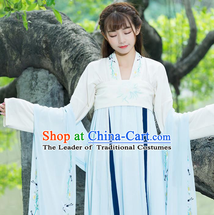 Traditional Ancient Chinese Young Lady Costume Embroidered Blue Wearing Silks, Elegant Hanfu Clothing Chinese Tang Dynasty Imperial Princess Brocade Scarf for Women