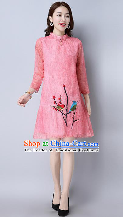 Traditional Ancient Chinese National Costume, Elegant Hanfu Mandarin Qipao Printing Pink Dress, China Tang Suit Cheongsam Upper Outer Garment Elegant Dress Clothing for Women