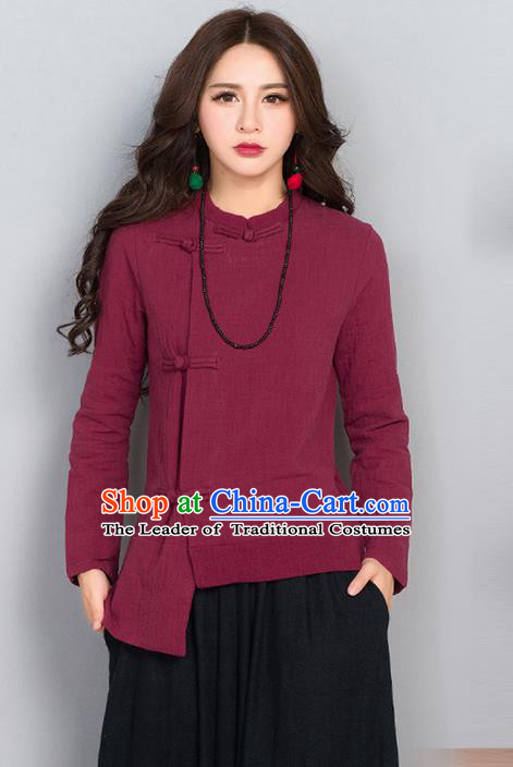 Traditional Chinese National Costume, Elegant Hanfu Linen Slant Opening Red T-Shirt, China Tang Suit Republic of China Plated Buttons Chirpaur Blouse Cheong-sam Upper Outer Garment Qipao Shirts Clothing for Women