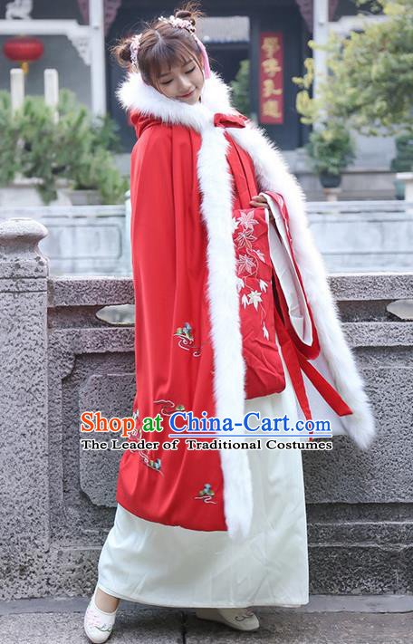 Traditional Chinese Ancient Ming Dynasty Princess Mantle Red Cape for Women