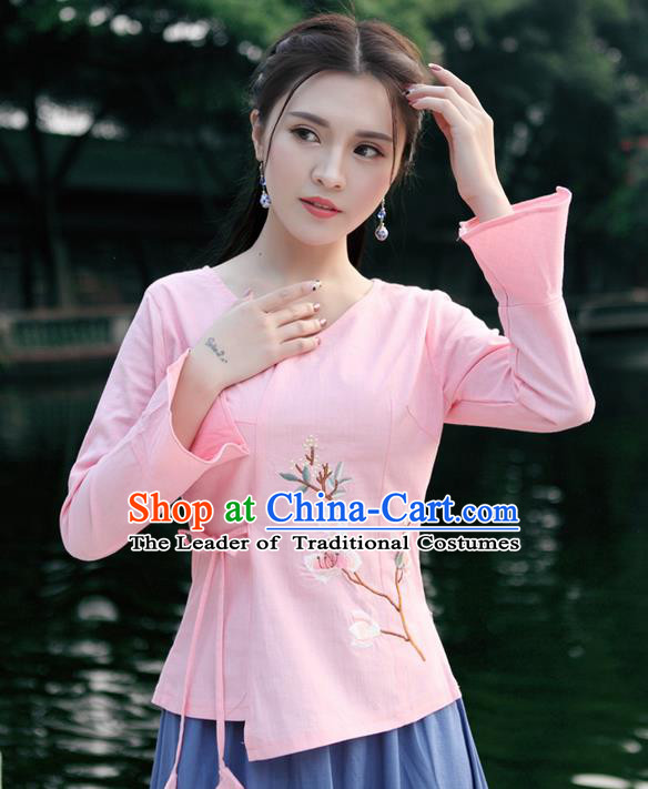 Traditional Chinese National Costume, Elegant Hanfu Embroidery Flowers Slant Opening Pink Mandarin Sleeve Shirt, China Tang Suit Plated Buttons Chirpaur Blouse Cheong-sam Upper Outer Garment Qipao Shirts Clothing for Women