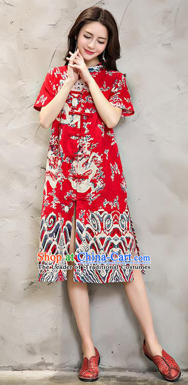 Traditional Chinese National Costume, Elegant Hanfu Plated Buttons Cardigan Long Red Dress, China Tang Suit Cheongsam Upper Outer Garment Elegant Dress Clothing for Women