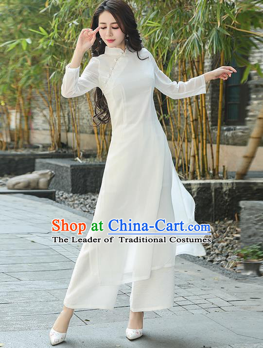 Traditional Ancient Chinese National Costume, Elegant Hanfu Mandarin Qipao White Ao Dai High Split Cheongsam Dress, China Tang Suit Upper Outer Garment Elegant Dress Clothing for Women