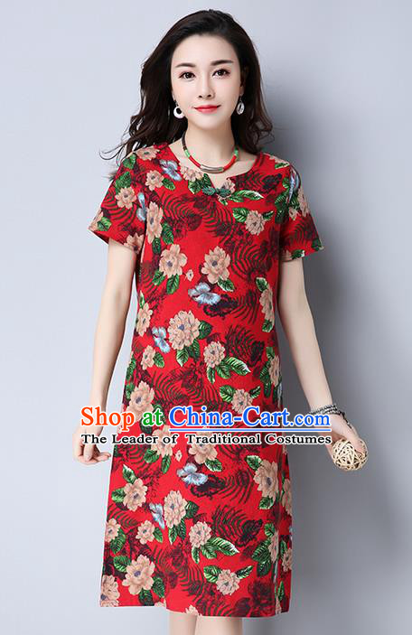 Traditional Ancient Chinese National Costume, Elegant Hanfu Qipao Printing Red Dress, China Tang Suit Cheongsam Upper Outer Garment Elegant Dress Clothing for Women