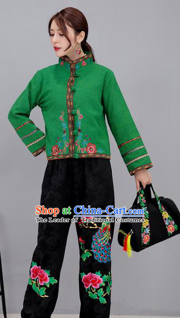 Traditional Ancient Chinese National Costume, Elegant Hanfu Stand Collar Embroidered Green Short Coat, China Tang Suit Plated Buttons Jacket, Upper Outer Garment Coat Clothing for Women