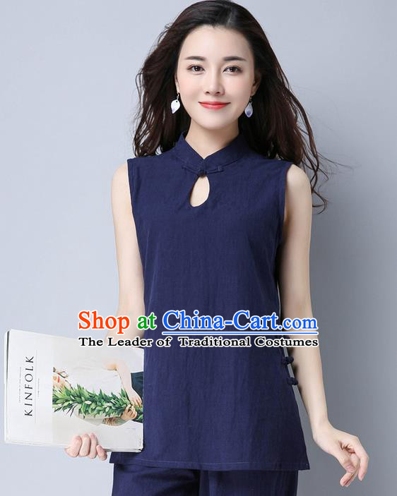 Traditional Chinese National Costume, Elegant Hanfu Linen Navy Vests, China Tang Suit Cheongsam Upper Outer Garment Elegant Waistcoat Clothing for Women