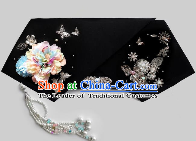 Traditional Ancient Chinese Imperial Consort Hair Jewellery Accessories, Chinese Qing Dynasty Manchu Palace Lady Headwear Zhen Huan Big La fin Pearls Tassel Headpiece, Chinese Mandarin Imperial Concubine Flag Head Hat Decoration Accessories for Women