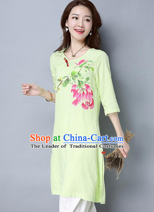 Traditional Ancient Chinese National Costume, Elegant Hanfu Mandarin Qipao Linen Hand Painting Green Dress, China Tang Suit Cheongsam Garment Elegant Dress Clothing for Women