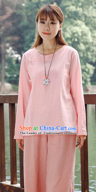 Traditional Chinese National Costume, Elegant Hanfu Linen Slant Opening Pink T-Shirt, China Tang Suit Plated Buttons Chirpaur Blouse Round Collar Cheong-sam Upper Outer Garment Qipao Shirts Clothing for Women